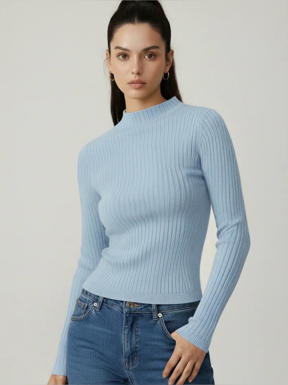 Cider Light Blue Ribbed Mock Neck Sweater